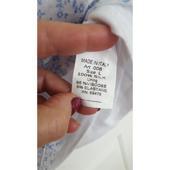 MARINA GIGLI Cream Blue Floral Print Silk Lace Short Sleeve Top Size Large - Picture 6 of 8